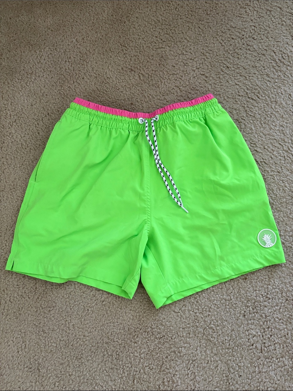 Neon Green Swim Trunks with Pink Waistband